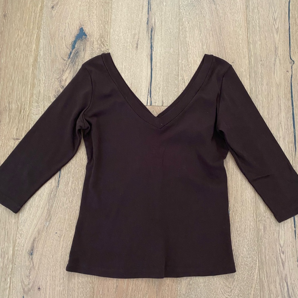 Chic Dark Brown V-Neck Women's Long Sleeve Top